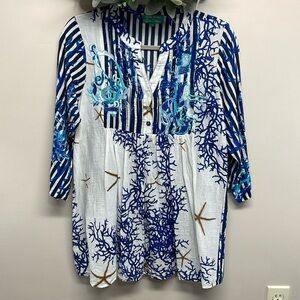 Antica Sartoria by Giacomo Cirque Embroidered Starfish Coral Tunic Blouse M